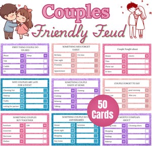 May include: A game called "Couples Friendly Feud" with 50 cards. The game features a pink and purple color scheme with various categories like "First Thing Couple Do On Bed" and "Something Men Forget Easily".