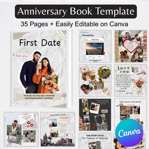 May include: An anniversary book template with the text "Anniversary Book Template" and "35 Pages + Easily Editable on Canva". The template includes pages with photos, text, and the Canva logo. The theme is romance and memories.