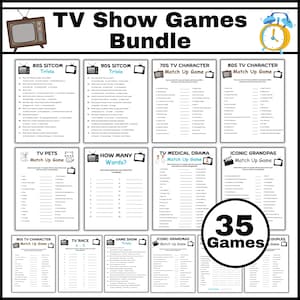 May include: A bundle of 35 TV show games, including trivia and match-up games. The games cover various themes, such as sitcoms, TV characters, pets, medical dramas, and iconic grandpas. The title "TV Show Games Bundle" is displayed at the top.