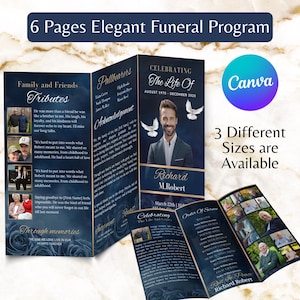 Trifold Blue Funeral Program Template, Canva Editable Celebration of Life Obituary Program, Memorial Service, In Loving Memory Funeral