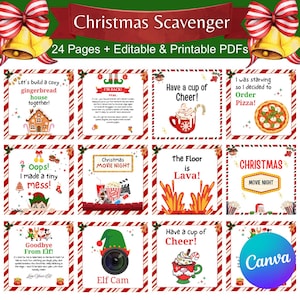 Op de afbeelding: Een afdrukbare kerstspeurtocht met 24 pagina's bewerkbare en afdrukbare PDF's. Het ontwerp bevat feestelijke elementen zoals peperkoekhuizen, pizza en elf-thema graphics. De tekst bevat zinnen als "Kerstfilmavond" en "Neem een kopje Cheer!"
