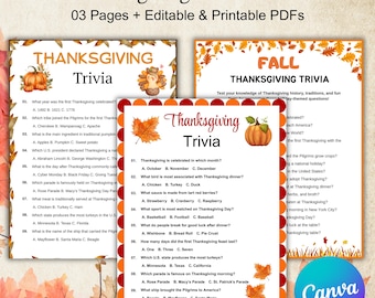03 Thanksgiving Trivia Party Game, Friendsgiving Family Trivia Game for kids and Adults, Turkey Trivia Game, Printable Fall Trivia Game