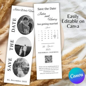 Photo Booth Strip Save the Date Template, Minimalist Wedding Save the Date Photo Strip, Canva Editable Modern Save the Date QR Code Card