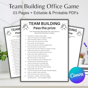 May include: Three printable team-building office game sheets. The main sheet is titled "Team Building Pass the Prize" with rhyming clues. The game is designed for office fun and includes the text "03 Pages + Editable & Printable PDFs".