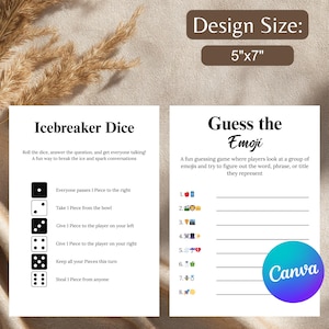 May include: Two printable game cards with the text "Icebreaker Dice" and "Guess the Emoji". The "Icebreaker Dice" card has dice instructions. The "Guess the Emoji" card has emoji clues. Design size is 5"x7".