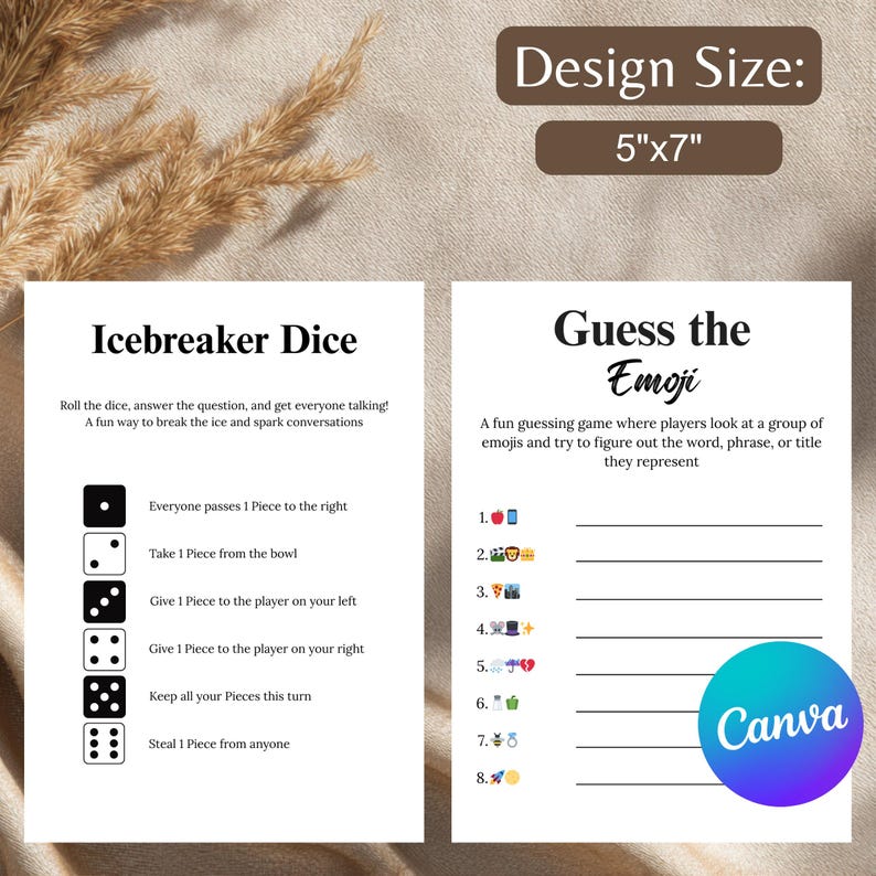 May include: Two printable game cards with the text "Icebreaker Dice" and "Guess the Emoji". The "Icebreaker Dice" card has dice instructions. The "Guess the Emoji" card has emoji clues. Design size is 5"x7".