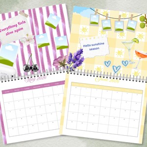 May include: Two spiral-bound calendars open to May and June 2026. The May calendar has a pink and white striped background with the text "Everything feels alive again." The June calendar has a yellow checkered background with the text "Hello sunshine season."