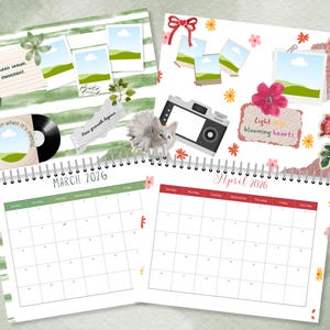 May include: A spiral-bound calendar open to March and April 2026, with decorative elements including photos, flowers, and a camera illustration. The March page has green accents, while April features red. The calendar is designed with a scrapbook aesthetic.