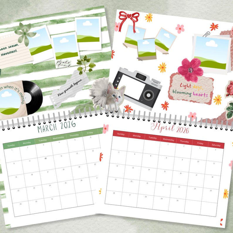 May include: A spiral-bound calendar open to March and April 2026, with decorative elements including photos, flowers, and a camera illustration. The March page has green accents, while April features red. The calendar is designed with a scrapbook aesthetic.