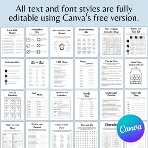 May include: A collection of printable icebreaker games with various themes, including trivia, dice games, and bingo. The text "All text and font styles are fully editable using Canva's free version" is displayed at the top. A Canva logo is visible.