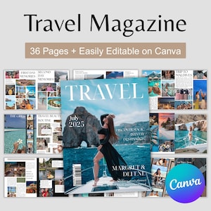 Puede incluir: Una plantilla de revista de viajes de 36 páginas que incluye una portada con una persona en un barco cerca de un arco de roca, titulada TRAVEL July 2025, y múltiples diseños de páginas interiores con collages de fotos y texto, editable en Canva.