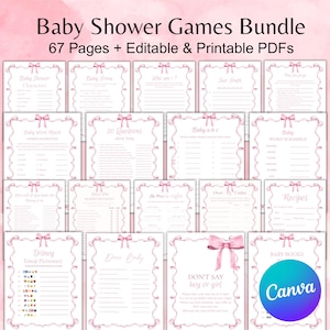 Puede incluir: Un paquete de juegos para baby shower con 67 páginas de archivos PDF editables e imprimibles. El diseño presenta bordes y lazos rosas, con títulos de juegos como "Baby Trivia" y "Baby Word Match". El logotipo de Canva es visible.