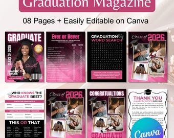 Graduation Magazine Editable Canva Template, Graduation Booklet Activity Designs, Senior Graduate Class of 2026 Magazine, Games &Reflections