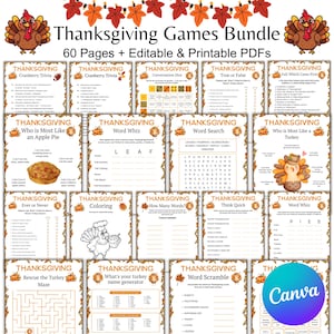 60 Thanksgiving Games Bundle, Friendsgiving Party Game, Thanksgiving Kid Games, Printable Trivia, Pictionary, Bingo Cards, Word Search Games