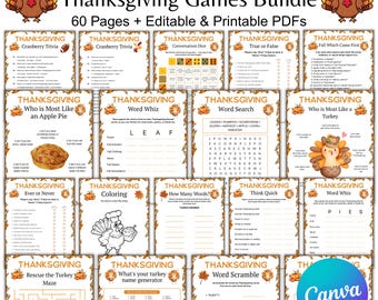 60 Thanksgiving Games Bundle, Friendsgiving Party Game, Thanksgiving Kid Games, Printable Trivia, Pictionary, Bingo Cards, Word Search Games