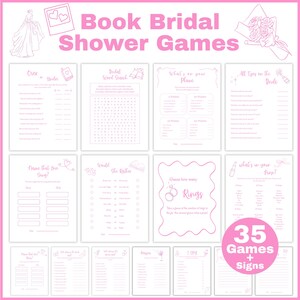 May include: A collection of pink and white bridal shower games. The text "Book Bridal Shower Games" is at the top. The games include "Over or Under", "Bridal Word Search", "What's on your Phone", and "All Eyes on the Bride".