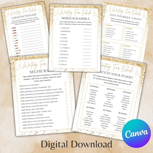 May include: A collection of printable party games with a gold glitter design. The games include an emoji pictionary, word scramble, selfie challenge, and a game called "What's in Your Purse?" The text "Digital Download" is at the bottom.