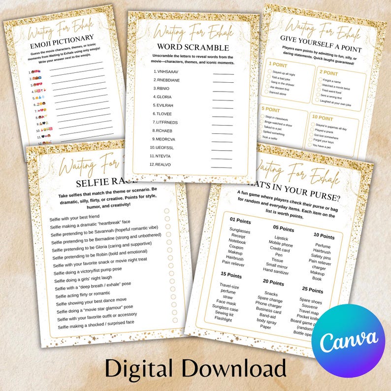 May include: A collection of printable party games with a gold glitter design. The games include an emoji pictionary, word scramble, selfie challenge, and a game called "What's in Your Purse?" The text "Digital Download" is at the bottom.