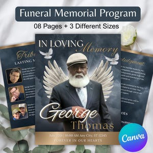 May include: A funeral memorial program with the text "Funeral Memorial Program" and "08 Pages + 3 Different Sizes." The cover features a portrait of a man with angel wings, the words "IN LOVING Memory" and the name "George Thomas."