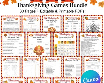 Könnte beinhalten: Ein Bundle mit Spielen zum Thema Thanksgiving, mit 30 Seiten editierbaren und druckbaren PDFs. Das Bild zeigt verschiedene Spielseiten mit Titeln wie "Wortsuche" und "Quiz", zusammen mit dekorativen Herbst-Elementen.