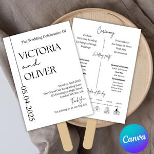 Minimalist Wedding Program Fan Canva Template, Printable Wedding Timeline Fan Program, Personalized Wedding Ceremony Fun Fact  Minimal DIY
