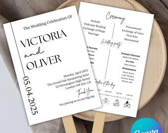 Minimalist Wedding Program Fan Canva Template, Printable Wedding Timeline Fan Program, Personalized Wedding Ceremony Fun Fact  Minimal DIY
