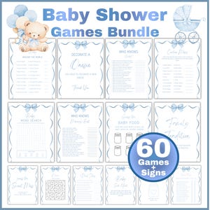 May include: A baby shower games bundle with a blue and white theme. The image features various game cards, a teddy bear with balloons, and the text "Baby Shower Games Bundle". Includes 60 games and signs.