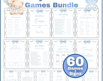 Boy Baby Shower Games Bundle Printable, Blue Bow Baby Shower Games, Baby Boy Shower Party Games, Baby Shower Activity Pack Fun