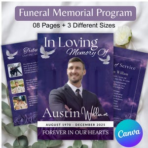 May include: A funeral memorial program with a purple and white design. The program includes the text "In Loving Memory Of" and the name "Austin William". The program also includes the text "Forever In Our Hearts".