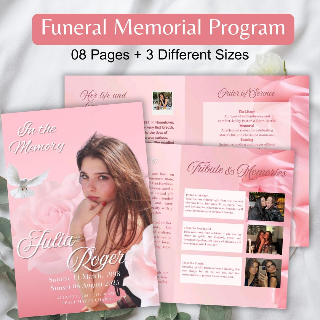 08 Pink Roses Funeral Program Template, Canva Editable Obituary Program ...