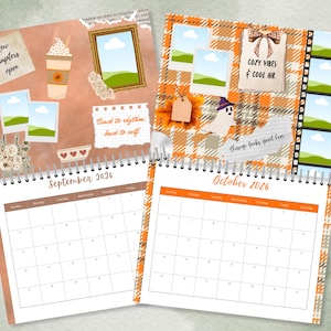 May include: A spiral-bound calendar featuring decorative pages for September and October 2026. The pages have a fall theme with plaid patterns, photos, and text like "Cozy Vibes & Cool Air." The calendar includes a coffee cup and a ghost.