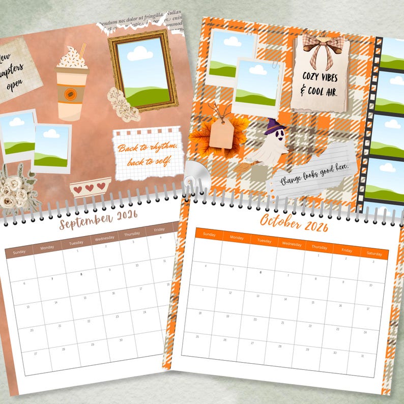 May include: A spiral-bound calendar featuring decorative pages for September and October 2026. The pages have a fall theme with plaid patterns, photos, and text like "Cozy Vibes & Cool Air." The calendar includes a coffee cup and a ghost.