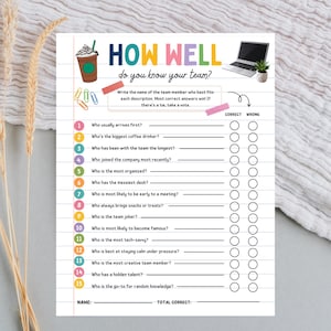 May include: A white paper game sheet titled HOW WELL do you know your team? featuring a coffee cup illustration, a laptop, and fifteen numbered questions with blank lines and circles for correct or wrong answers. The design includes colorful accents.
