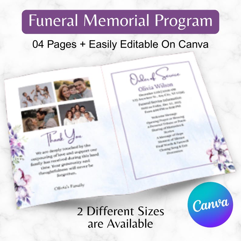 4 Editable Funeral Program Template, Funeral Memorial Canva Editable ...