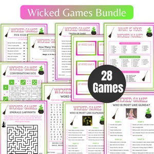 May include: A bundle of 28 "Wicked Games" printables, featuring various game formats like "Truth or Dare," "Word Search," and "Emerald Labyrinth." The games have a green and pink color scheme with witch-themed graphics, including a cauldron and broom.