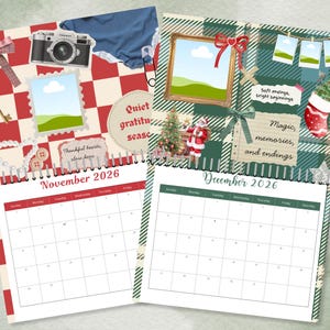 May include: A two-page calendar for November and December 2026, featuring a festive collage with a camera, framed pictures, and holiday-themed decorations. The November page has a red and white checkered background, while the December page has a green plaid pattern.