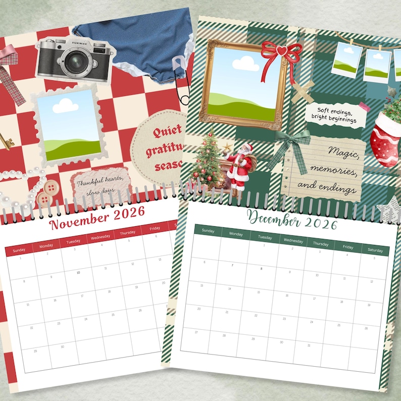 May include: A two-page calendar for November and December 2026, featuring a festive collage with a camera, framed pictures, and holiday-themed decorations. The November page has a red and white checkered background, while the December page has a green plaid pattern.
