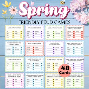 May include: A colorful game set with the word "Spring" in a pink script. The game includes 48 cards with categories like "Name a Spring Color" and "Name a Spring Fruit". A bee and flowers are in the background.