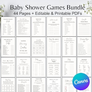 May include: A bundle of printable baby shower games. The pages include games like "Name That Baby Tune", "Guess How Many Candies", and "Baby Bingo". The title "Baby Shower Games Bundle" is at the top, with "44 Pages + Editable & Printable PDFs" below it.