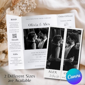 May include: Wedding invitation suite featuring a tri-fold card with RSVP, details, and gift information. Includes a black and white photo of a couple. The invitation text reads "Olivia & Alex" and "Invite you to share as they unite in May". Two different sizes are available.