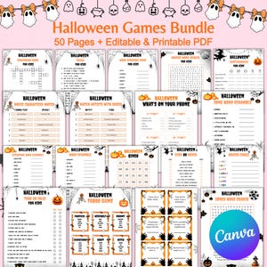 May include: A Halloween Games Bundle with 50 pages of printable PDF games. The bundle includes crossword puzzles, trivia, word scrambles, bingo, and more. The games are designed for children and feature Halloween-themed graphics and text.