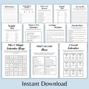 May include: A collection of printable party games, including icebreakers, trivia, and bingo. The games feature various themes and challenges, such as "What's Your Favorite," "Iconic Duos," and "5 Second Icebreakers." The pages are white with black text.