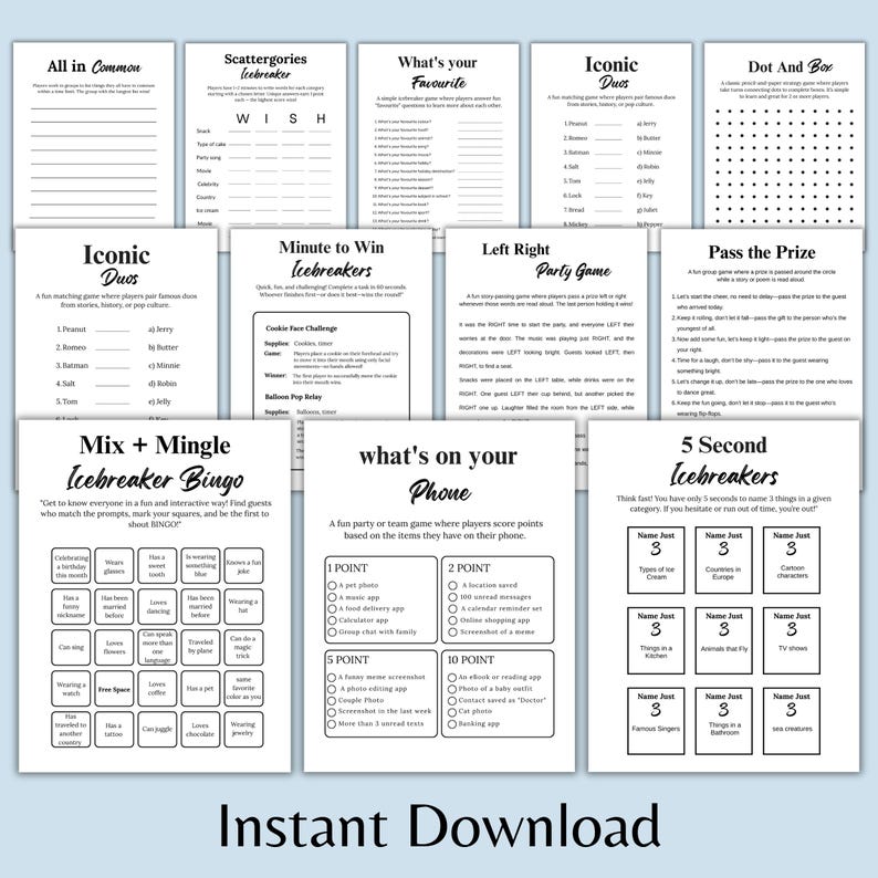 May include: A collection of printable party games, including icebreakers, trivia, and bingo. The games feature various themes and challenges, such as "What's Your Favorite," "Iconic Duos," and "5 Second Icebreakers." The pages are white with black text.