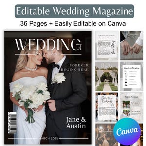Op de afbeelding: Een sjabloon voor een trouwmagazine met een omslag met een stel en de tekst "WEDDING MAGAZINE". Het magazine bevat 36 pagina's en is eenvoudig te bewerken op Canva. Extra pagina's tonen huwelijksdetails en foto's.