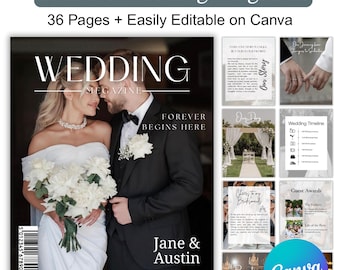 36 Wedding Magazine Template, Canva Editable Wedding Day Program Template,  Wedding Booklet, Fun Facts Infographic Magazine, Menu Template