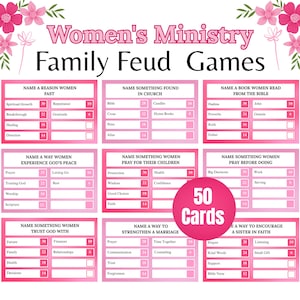 Peut inclure: Un jeu Family Feud du ministère des femmes, rose et blanc, avec 50 cartes. Le jeu comprend diverses catégories telles que « Nommez une raison pour laquelle les femmes jeûnent » et « Nommez une façon dont les femmes expérimentent la paix de Dieu ».