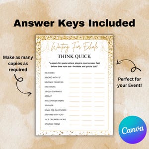 May include: A printable game sheet with gold glitter accents. The text reads "Waiting For Exhale THINK QUICK" with prompts like "3 Candies" and "3 Disney Princess." Includes the text "Answer Keys Included" and "Make as many copies as required."