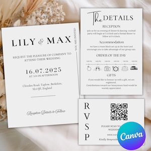 Minimalist Wedding Invitation Template Bundle, Canva Editable Wedding, Invite Suite, RSVP Cards, Printable Details Set, Digital Download