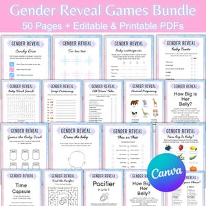 May include: A bundle of gender reveal games with a pink and blue theme. The games include Candy Dice, Tic Tac Toe, Baby Scattergories, Baby Traits, Baby Word Search, Emoji Pictionary, Old Wives' Tales, Animal Pregnancy, and more. The bundle includes 50 pages of editable and printable PDFs.