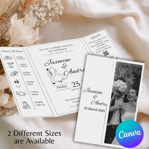 May include: Wedding invitation suite with a black and white design. The invitation features the names "Jasmine & Andre" and the date "25 March 2025". The suite includes an RSVP card and a photo of the couple. The text "2 Different Sizes are Available" is also present.